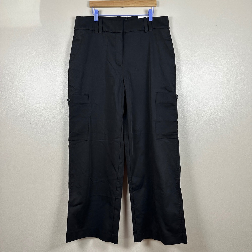 Chico's Women's 12R Sateen Cargo Pants Black Straight Leg Fly Front NEW